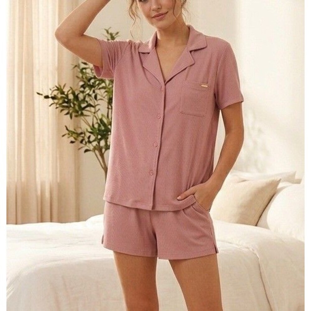 BCBG MAXAZRIA Women's Pajama Set Short Sleeve Notch Collar Small Pink Ribbed